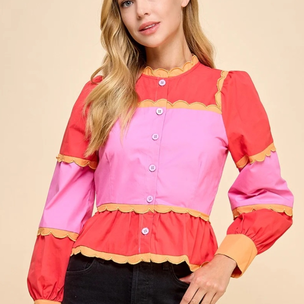 Colorful Women's Top with Scalloped Edges